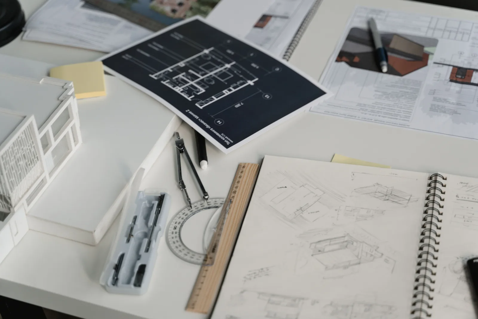 Mesa de trabajo de arquitecto con planos y maqueta de vivienda unifamiliar, honorarios de arquitecto 2026