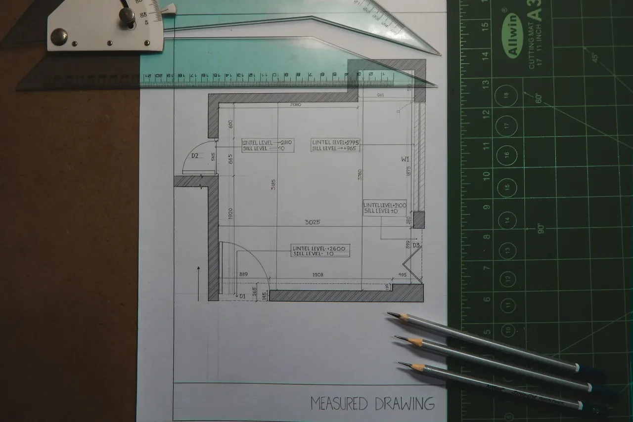 Plano de distribución de una vivienda con anotaciones a lápiz sobre instalaciones y estancias en fase de diseño
