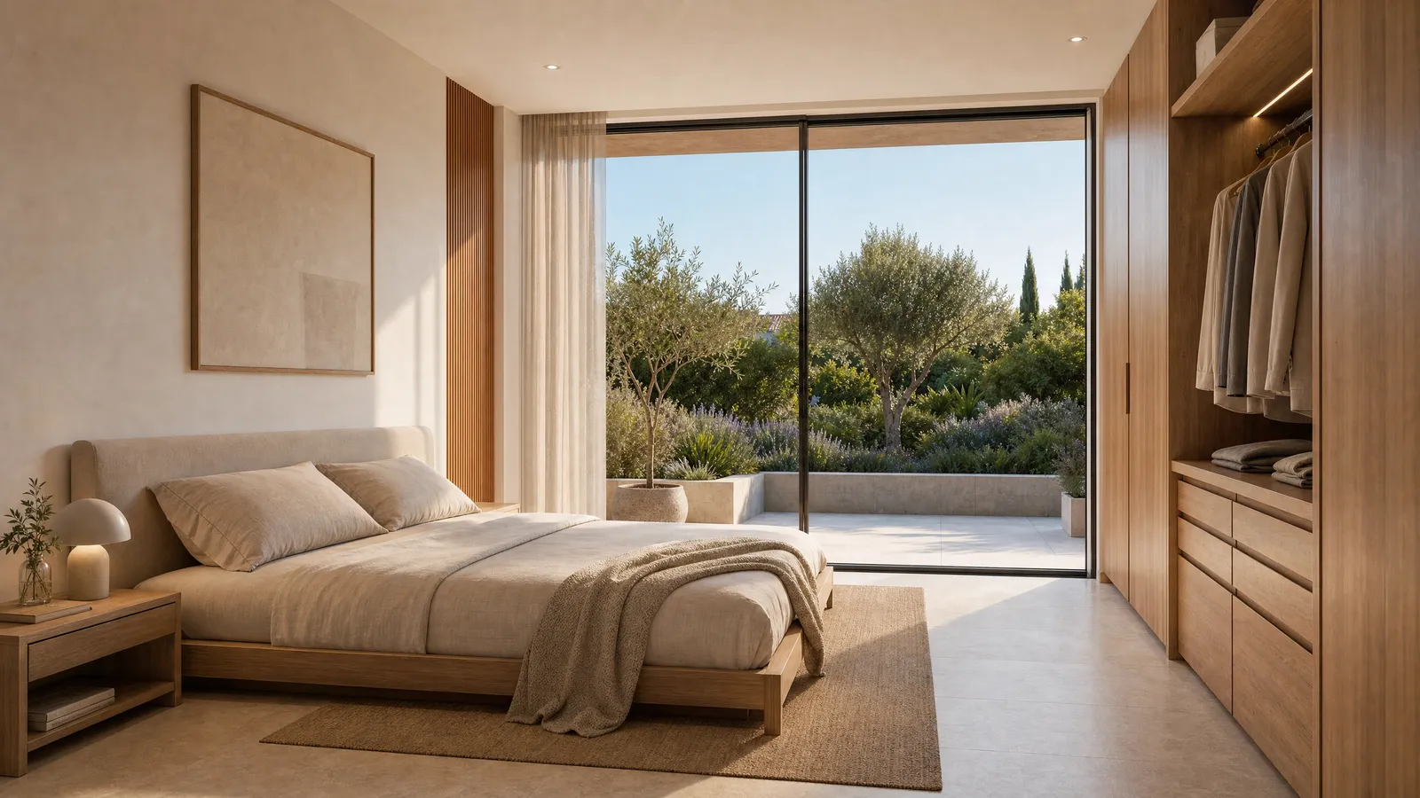 Dormitorio de una vivienda de obra nueva construida por Materia Estates